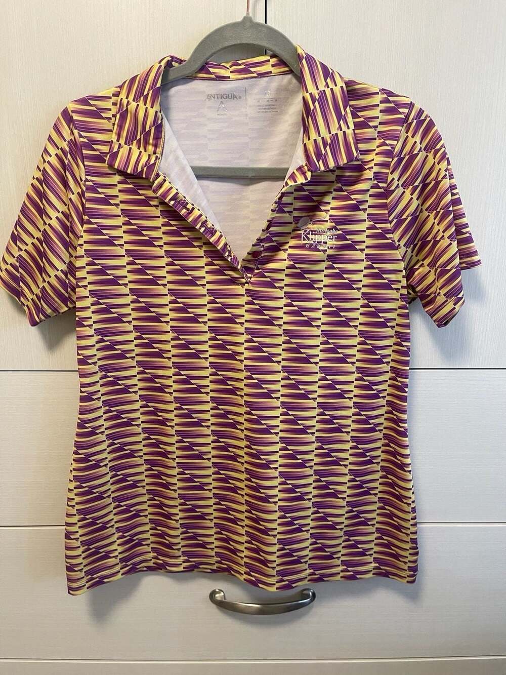 Antigua Womens Kaneohe Klipper Hawaii Golf Shirt Purple and Yellow M
